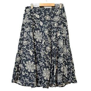 Gap Maxi Skirt Womens Size 0‎ 100% Linen Black White Floral Flare Flowy Side Zip